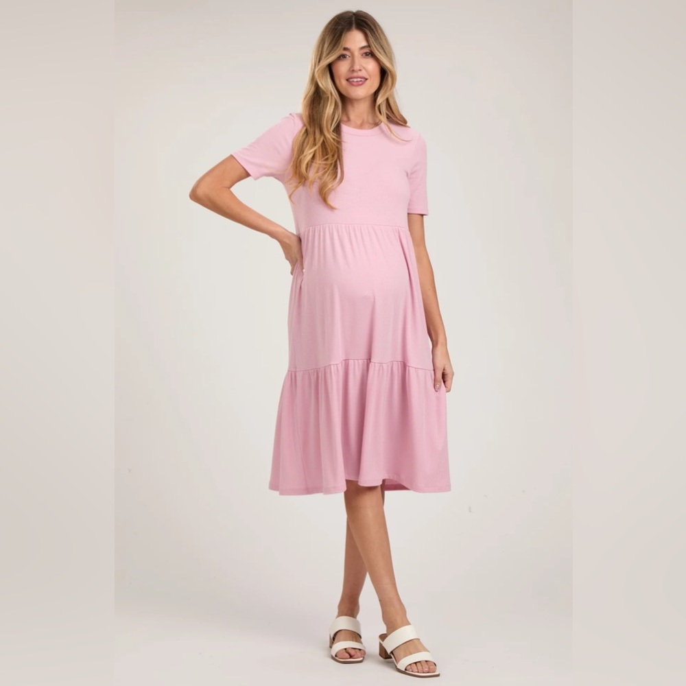 Pinkblush Pink Ribbed Tiered Maternity Midi Dress